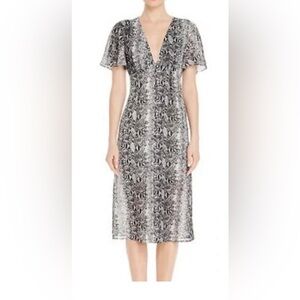 Aqua Blue, Black and White Snake Skin Print Midi Dress